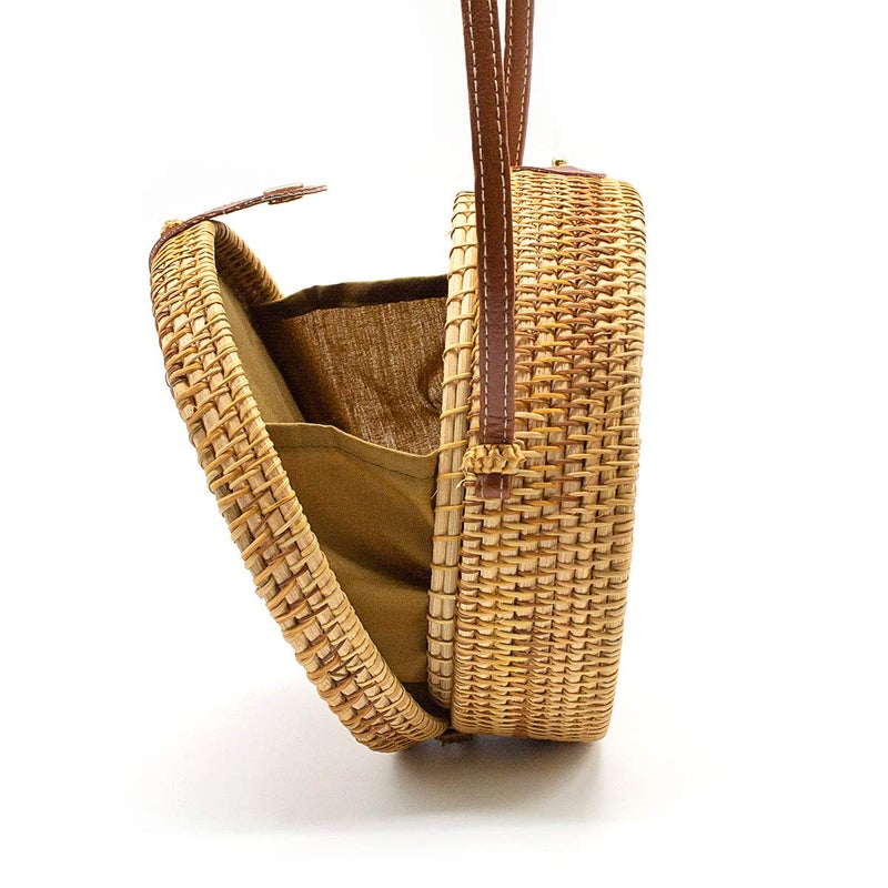 OUTLEYNY Handwoven Round Rattan Straw Beach Bag for Women â€“ Adjustable Crossbody & Shoulder Bag with Leather Strap, Boho Chic Summer Accessory - Image 1